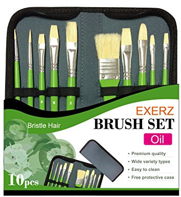 Exerz JH022 Künstler Pinsel Set – 10 pcs professionelle Borstenpinsel in Einer schützenden Reisehülle/Perfekt für Ölfarbe Acryl Gouache