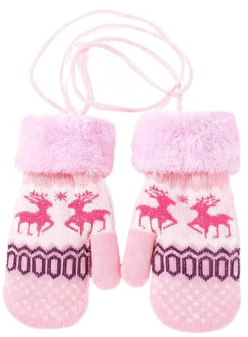 ITODA Kids Gloves On String Cute Winter Knitted Gloves Double Layer Thicken Warm Full Finger Glove Lovely Hand Warmers Skiing Outdoor Glove for 3-8 Years Birthday Christmas