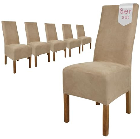 Scheffler Home Stuhlhussen Beige-Stein 6er Set Velours Stretch Leon