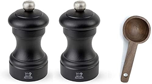 Peugeot Bistro 4 Inch Salt & Pepper Mill Gift Set, Black Matte - With Wooden Spice Scoop