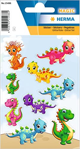 HERMA 15486 Aufkleber Dinosaurier Glitzer klein groß, 9 Stück, Tiere Sticker mit lustigen Dino Saurier Motiv, Kinder Etiketten für Fotoalbum Tagebuch Poesiealbum Scrapbooking Geburtstag Deko Briefe