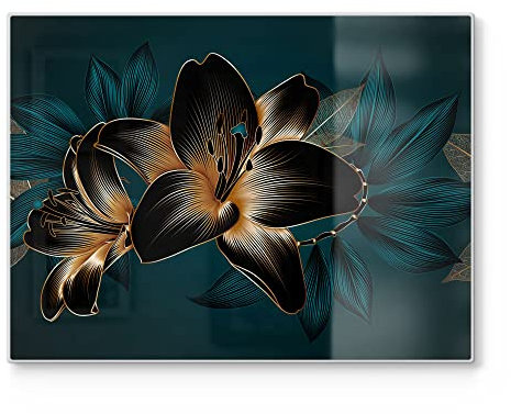 DEQORI Tabla de cortar de cristal, grande, 40 x 30 cm, diseño de lirios de alta calidad, placa de corte para cocina, antibacteriana y antideslizante, placa de cristal y bandeja para servir