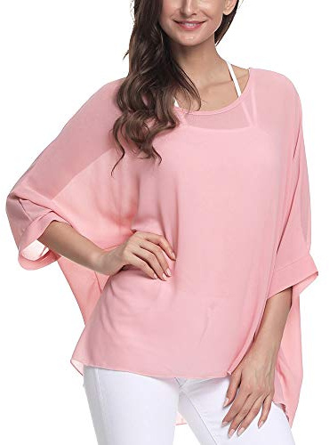 Max Hsuan Women Bohemian Floral Printed Blouse Batwing Sleeve Plus Sheer Chiffon Oversize Loose Top Tunic Tops Pink