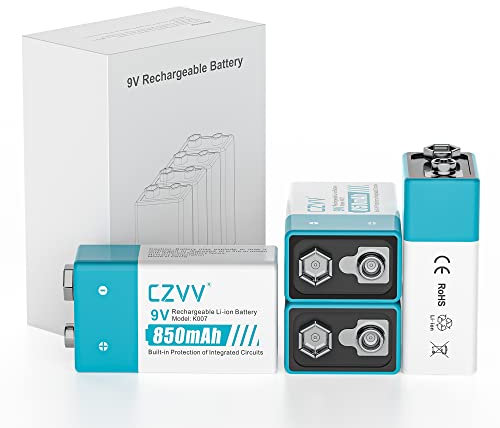 czvv Pilas Recargable 9V Lithium - Capacidad Alta Ultra de 850mAh - 1300 Ciclos - 4 Pack Baterias Litio 8.7V, Prueba de Fugas, Ultra Duradero10 Años para Detector de Humo, Micrófonos, Radio, Guitarra