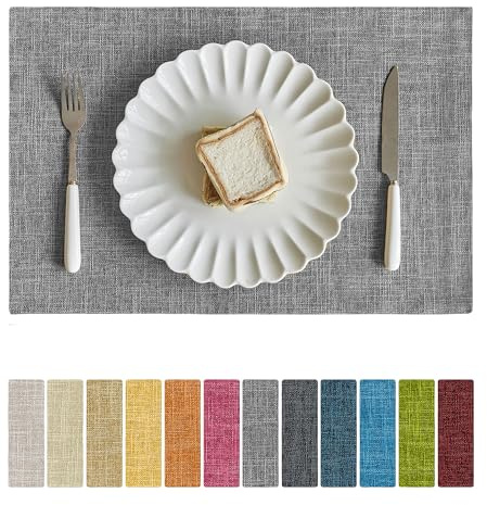 Softalker Faux Linen Placemats Set of 6-12 x 18 Inch, Heat Resistant Double Layered Durable Burlap Farmhouse Place Mats, Non-Slip Washable Rustic Table Mats for Dining, Kitchen, Party（Light Grey