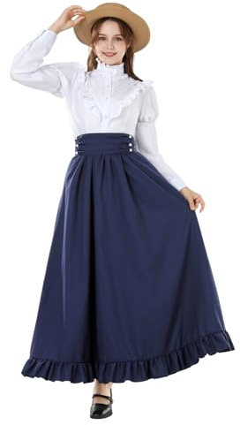 CR ROLECOS Abito da donna medievale, vestito vittoriano, camicetta vittoriana + gonne medievali, Blu marino, M