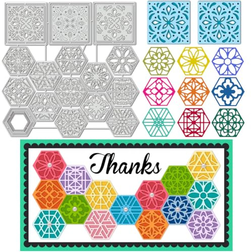 BENECREAT Metallskärningsstenciler, hexagon och fyrkantig blommig stansning, lager kort bakgrund prägling av metallmallar för gör-det-själv-hantverk, scrapbooking, fotoalbum, kortprägling