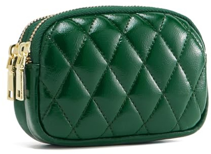 QIUTIMIY Women Artificial Artificial Leather Small Purse Pouch Cash Mini Coin Wallet Double Zipper Pocket with Keychain(Quilted Green)