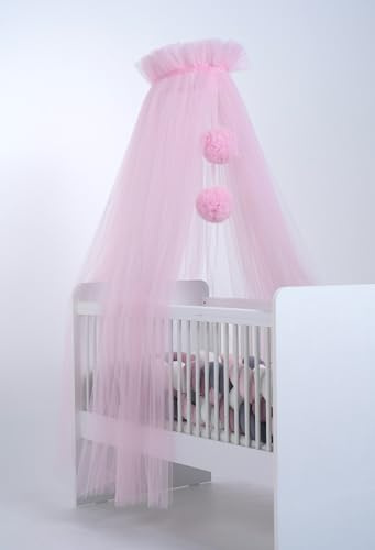 Baby Fancyroom Ciel de lit de bébé en tulle, lit d'appoint, moustiquaire, décoration de chambre de bébé, baldaquin pour chambre d'enfant, 165 cm de long, avec pompons, taupe (rose cany)
