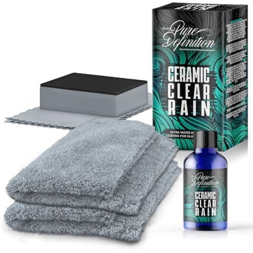 Pure Definition Ceramic Glass Coating, Water Repellent Car Windscreen Coating For Cleaner Windows, Increases Crystal Clear Visibility When Driving In The Wet, Ceramic Clear Rain (30ml + 2 Cloths)