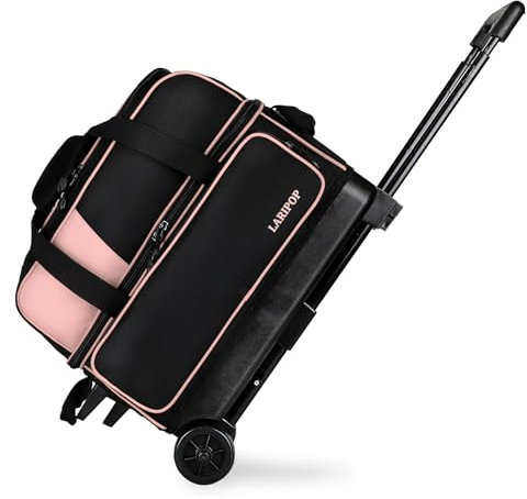 LARIPOP Bowlingtasche mit zwei Rollen und 2 Kugeln, mit einem separaten großen Schuhfach für Bowlingschuhe, einem 3-teiligen Teleskopgriff, der sich bis zu 101,6 cm ausziehen lässt, entworfen für