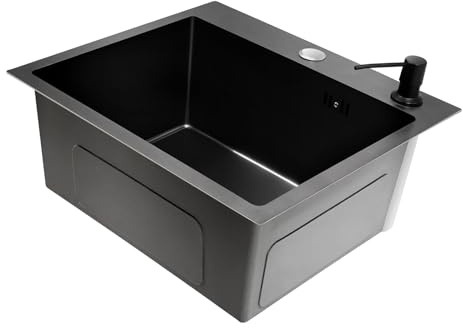 Diskbänk svart 40 x 45 cm inbyggd diskbänk rostfritt stål rektangulär, diskbänk kök med tvåldispenser, modern diskbänk i rostfritt stål med avlopp, 1 handfat