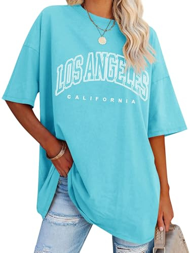 Dresswel överdimensionerad t-shirt damer Los Angeles California bokstavstryck vintage t-shirt kortärmad rund hals sommar toppar lös blus lång tunika topp för tonåringar flickor, 2a-himmelsblå, L