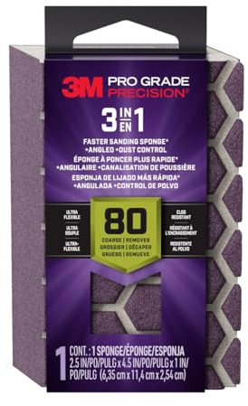 3M Pro Grade Precision 3-in-1 Sanding Sponge, 80 Grit Coarse, for Woodworking, Drywall Prep, and Refinishing, 2.5 in x 4.5 in x 1 in