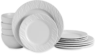 ECHTWERK service de table 12 pièces New Modern, pour 4 personnes, effet ardoise, en grès, 4 assiettes plates, 4 assiettes à dessert, 4 bols, blanc