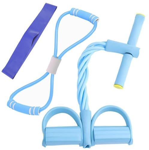 PacuM 3 Pièces Corde de Tension Multifonction Kit Bandes de Résistance Fitness avec Pédale & Sangles Cheville Elastique Sport TPE Elastique Musculation pour Yoga Musculation (Bleu)