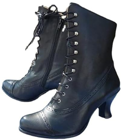 Lace Up Ankle Boots for Women Wide Fit Gothic Steampunk Boots Ladies High Heels Victorian Booties Outdoor Round Toe Stiletto Heel Short Boot Fashion Retro Shoes Black