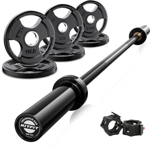 RitFit Barbell Weight Set - 4/6FT Olympic Barbell with Weight Plates (55-115LB Total) - Weightlifting Equipment for Squats, Curls, Deadlifts, Presses, Hip Thrusts 4FT Black Bar with 55LB Plates