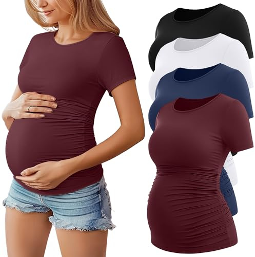 Geyoga Lot 4 Tops Prémaman Manches Courtes Femme | Coton, Col Rond, T-Shirts Prémaman, Froncés Latéraux, Coupe Ajustée, Été, Respirant, Extensible, Décontracté, Doux