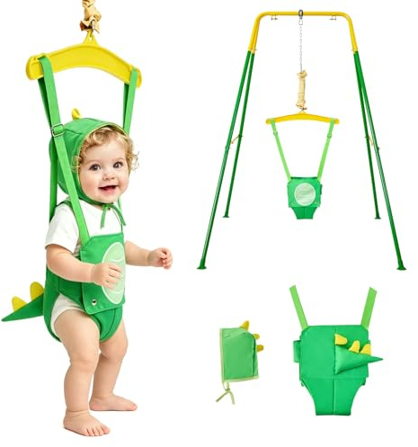 FUNLIO Baby-Hüpfsitz mit Ständer für 6–24 Monate, Babywippe zum Spielen, Hüpfsitz für Kleinkinder, mit verstellbarer Kette, einfach aufzubauen und zu verstauen (mit Ständer) – Grüner Dinosaurier