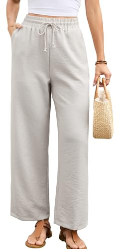Wantonfy Pantaloni Lino Donna Casual Vita Elasticizzata Gamba Larg con Tasche