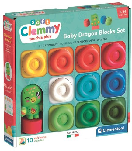 Clementoni Soft Clemmy Baby Dragon Blocks Set, 10 mjuka klossar för barn 6+ månader, fantasikaraktär, tvättbar och giftfri, sensorisk utveckling och manualitet, tillverkad i Italien, 17604