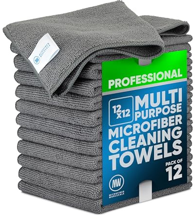 MW PRO Premium Microfiber Cleaning Cloths (12 Pack, 12x12, Grey) - Streak Free Stainless Steel & Glass Towels - Ultra Soft Cleaning Cloths for Screens, Granite & Modern Home - Washable & Reusable