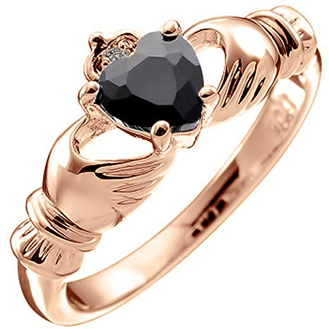 GWG Jewellery Anello Placcato in Oro Rosa 18K Claddagh con Cuore in Nero, Mani e Corona - 9 in Confezione Regalo per Donne