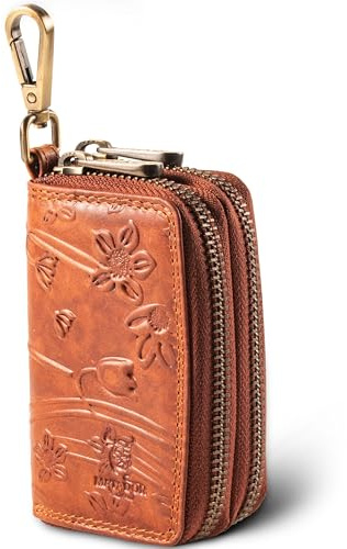MATADOR Sac pour Clef - Etui à Clé en Cuir Véritable | Porte Clés avec Double Femeture Éclair YKK en Métal et Mousqueton | Mini Pochette Rangement Organiseur Clef avec Boîte Cadeau | Fleurs Marron