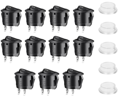 URAQT Interruttore a bilanciere rotondo, 11 pezzi, 250 VCA 6 A, pulsante di rocker switch rotondo SPST con 2 pin e 5 pezzi, impermeabile, interruttore on/off per auto barca elettrodomestici, nero