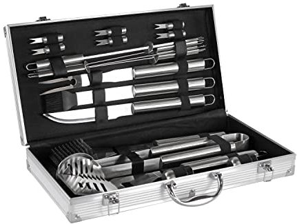 Mastercook Kit d'accessoires Professionnels en Acier pour Barbecue avec Valise, kit d'accessoires BBQ avec Pinces, fourches, spatule et brosses, Mallette d'outils Barbecue
