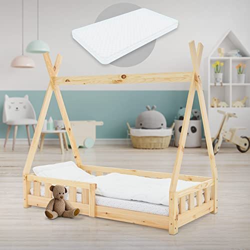 ML-Design Barnsäng tipi 70x140 cm natur med madrass, fallskydd och lamellram, gjord av furu, indisk säng massivt trä för tjejer och pojkar, hussäng med staket, ungdomssäng leksäng träsäng