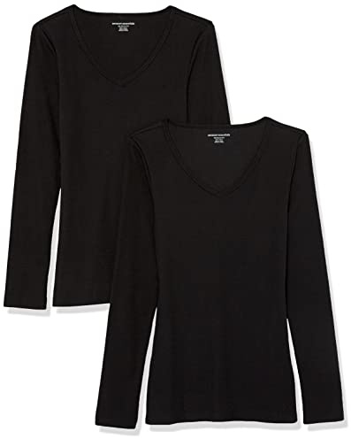Amazon Essentials Women's Slim-Fit Long Sleeve V-Neck Knit Rib Shirts, Pack of 2, Black, X-Large