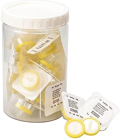 20 st sprutfilter Sterilt nylonmembran 25 mm diameter 0,22 um porstorlek, nålfilter för HPLC och GC, laboratoriefiltrering med hög kapacitet för biomedicinsk vetenskap, förpackade i trummor