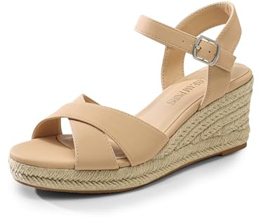 DREAM PAIRS Espadrille Dressy Wedge Sandals, Women's Platform Sandals Casual Summer, Comfortable High Heeled Wedges with Adjustable Buckle,Size 8.5,Nude-Nubuck,SDPW2408W