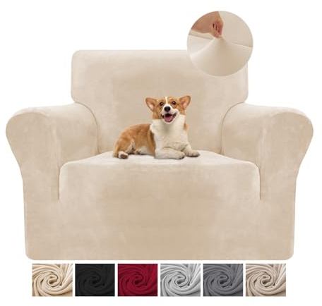 Copripoltrona 1 Posto (70-110CM) Con Braccioli, Copridivani in Velluto Elasticizzato Antigraffio Per Gatti, Copridivani Universale, Super Morbido e Confortevole - Beige