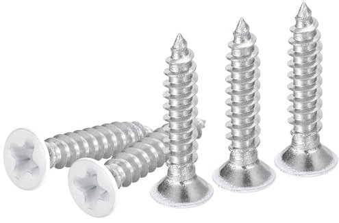 DTGN 25Pcs ST3x15mm Flat Head Wood Screws, 304 Stainless Steel White Phillips Self Tapping Screws - Good for Woodworking, Furniture - White