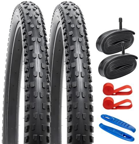 YunSCM 2-Pack 27.5 Bike Tyres 27.5x2.10 Tires 54-584 and 27.5 Heavy Duty Inner Tubes Schrader Valve AV32mm, Compatible with 27.5x2.0 27.5x2.10 27.5x2.125 MTB Bike Bicycle Tyres and Tubes (W-2115)