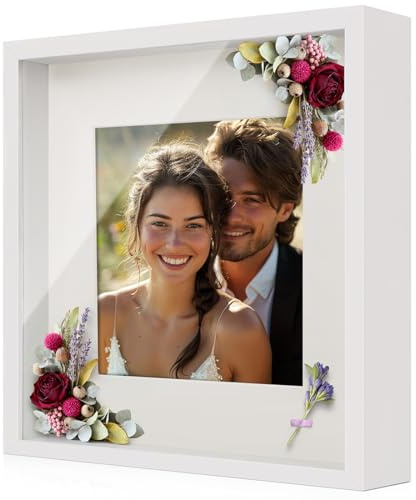 Anhow Marcos con Profundidad 23x23 cm (Profundidad 3 cm), Marco de Fotos 3D Profundidad con Beige Passepartout, Marco de Objeto Rellenable para Rellenar, para Medallas,Flores,Recuerdos - Blanco