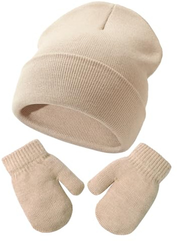 DRESHOW Toddler Beanie Kids Invierno Sombreros de Punto con Guantes Set Bebé Niño Pequeño Invierno Cálido Gorro de Punto con manopla para 2 Años - 5 Años Niñas Niños