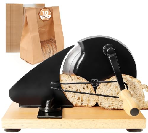 Brvclon Manual Bread Slicer for Homemade Sourdough,Adjustable Thickness,Hand Crank Bread Slicer with Stainless Steel Blade, Aluminum Alloy Frame & Solid Wood Base with Natural Wood Veneer Finish