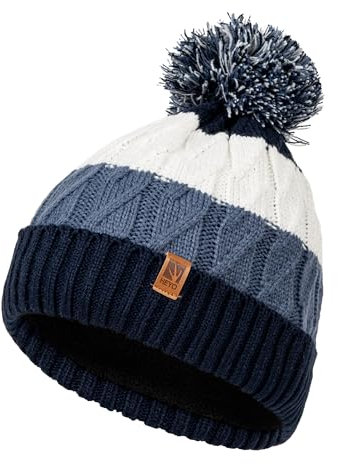 HEYO Strickmütze Winter, Gefütterte Mütze, Wintermütze mit Bommel, Unisex HCU007 (DE/NL/SE/PL, Alphanumerisch, Einheitsgröße, Dunkelblau)