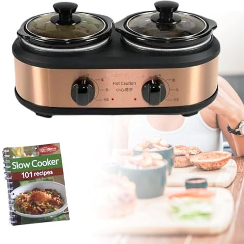 Utensilio de cocina eléctrico de 2 ollas con 3 niveles de ajuste de calor, olla de cocción lenta, calentamiento uniforme, guiso, sopa, cocción lenta, mantiene caliente con libro de recetas
