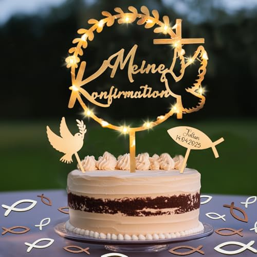Tårtdekoration konfirmation med LED-ljuskedja, tårta topper min konfirmation trä & 36 stycken träfiskar spridningsdekoration bordsdekoration & duva fiskkaka dekoration, konfirmation dekoration, pojke