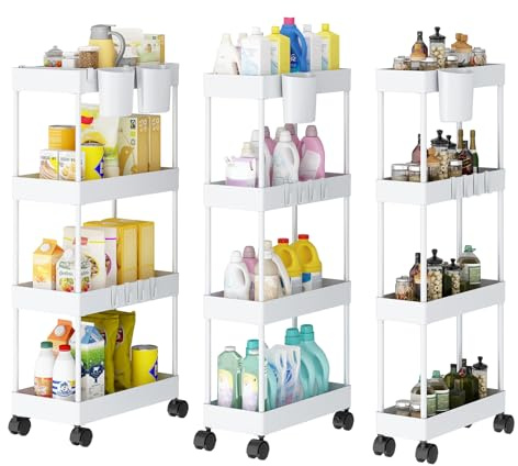 Shrivee 3PCS 4 Ebenen Aufbewahrungswagen mit Rollen, Platzsparender Mobiler Schmaler Badezimmerwagen, Minimalistisch allzweckwagen für Bad & Küche, Weiß