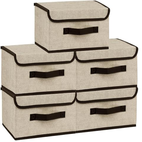 KATIMI 5 Pieces Clothes Storage Boxes with Lids, Thickened Fabric Storage Box, Wardrobe Storage Organiser 25×19×15cm, Collapsible, Washable for Bedroom Organizing Clothes Toys(Beige, Small)