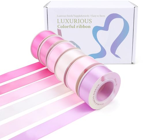 6 Colors Double Face Satin Ribbon 1 Inch x 60 Yards Double Sided Solid Polyester Ribbon Set for Gift Wrapping, Crafts Bows, Wedding Decorations, DIY Party Supplies, Floral Arrangements (Pink)