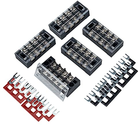 Veemoon 5-pack 4p Terminal Block Connector Set -2504 Dual Row Screw Terminal Strips 25a 4 Positions Shorting Links for Electrical Connections