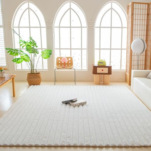 White Rabbit Striped Plush Rug 8'x10', Fluffy Shaggy Area Rug for Nursery & Kids Room, Faux Fur Carpet for Girls Bedroom, Living Room, Teen Decor