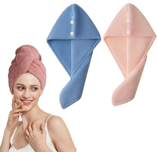 Zueyen 2 toallas turbantes con botón, absorbente y secado, toallas de microfibra para el cabello para niños y mujeres, para el cuidado del cabello, 65 x 25 cm (ancho x ancho)